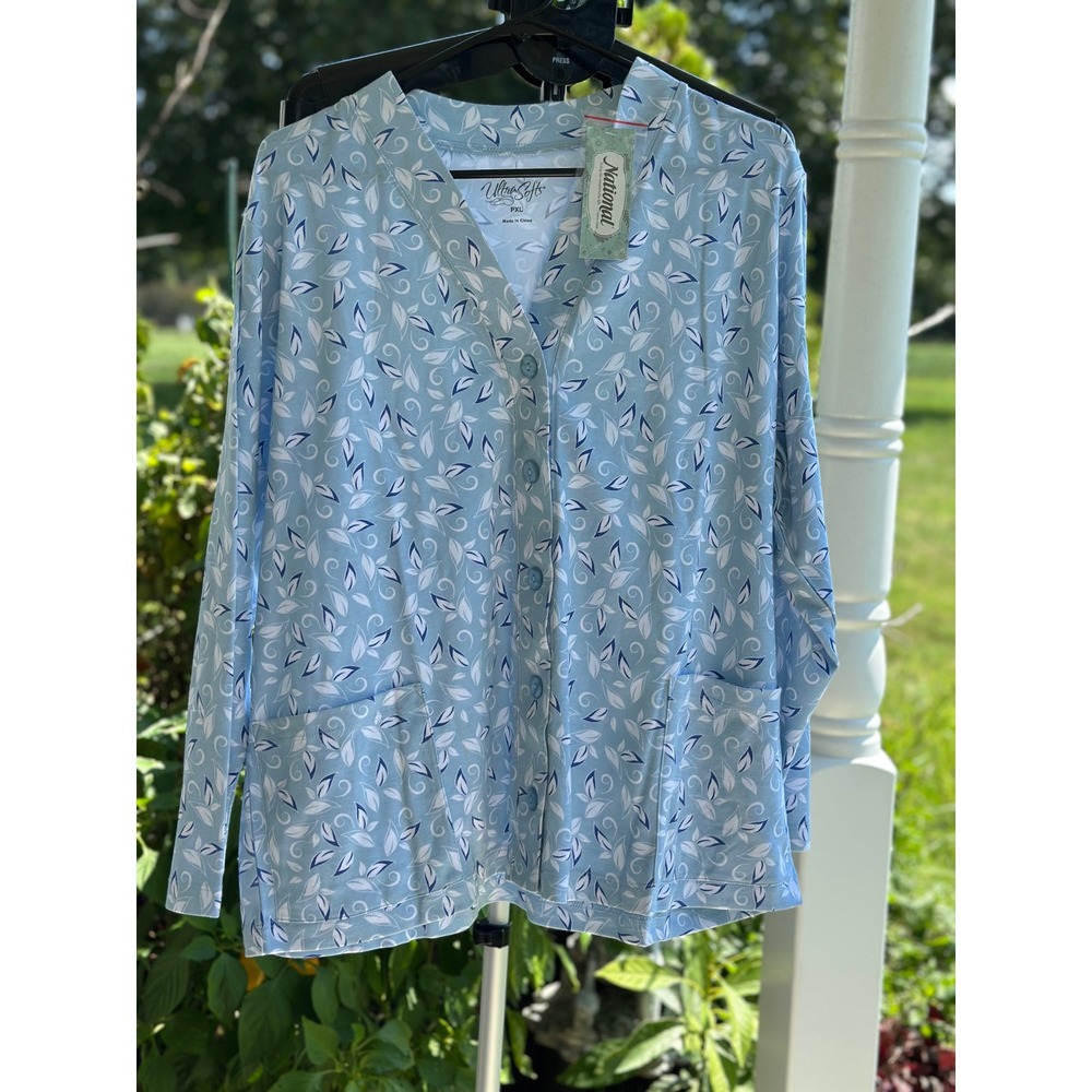 National UltraSofts Women's XL Blue Leaf Print Button Front Pocket Cardigan NWT